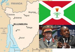 Karte und Flagge von Burundi, Putschgeneral Godefroid Niyombare (links), Präsident Pierre Nkurunziza (rechts); Quellen: public domain, Wikimedia