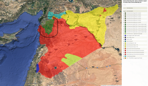 Karte der von den Kriegsparteien jeweils kontrollierten Gebiete in Syrien; Rebellen-Gebiete (grün) bei Idlib sind hervorgehoben (Quelle: http://syriancivilwarmap.com, 7.10.2018)