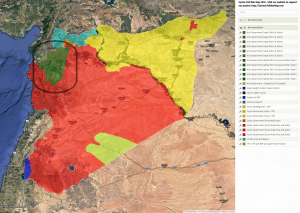 Karte der von den Kriegsparteien jeweils kontrollierten Gebiete in Syrien; Rebellen-Gebiete (grün) bei Idlib sind hervorgehoben (Quelle: http://syriancivilwarmap.com, 7.10.2018)