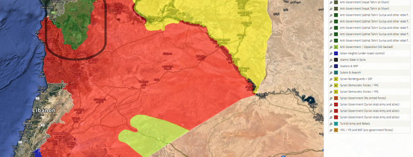 Karte der von den Kriegsparteien jeweils kontrollierten Gebiete in Syrien; Rebellen-Gebiete (grün) bei Idlib sind hervorgehoben (Quelle: http://syriancivilwarmap.com, 7.10.2018)