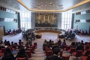 Security Council meeting on Haiti on 3 April 2019 with open curtains in the Security Council Meeting room, after German ambassador Heusgen had them opened for the first time since 1964 as a symbol for the need for more transparency and openness by the council to broader UN membership and civil society. (Source: UN Photo #802898)