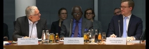 Fachgespräch im Bundestag zur Prävention von Massenverbrechen, 14. Januar 2019: Ottmar von Holtz (Unterausschuss zivile Krisenprävention), Adama Dieng (UN Sonderberater für die Prävention von Völkermord) und Jens Stappenbeck (Genocide Alert) | Quelle: Deutscher Bundestag