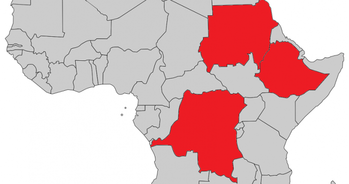 Karte: Äthiopien, Demokratische Republik Kongo und Sudan